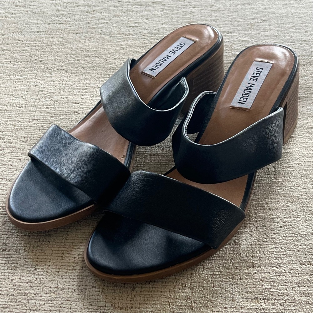 Steve Madden Swift Black Leather Double Strap Block Heel Slide Sandals 8.5M